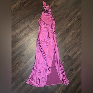 Elegant Pink neck Halter Maxi evening slit dress size m